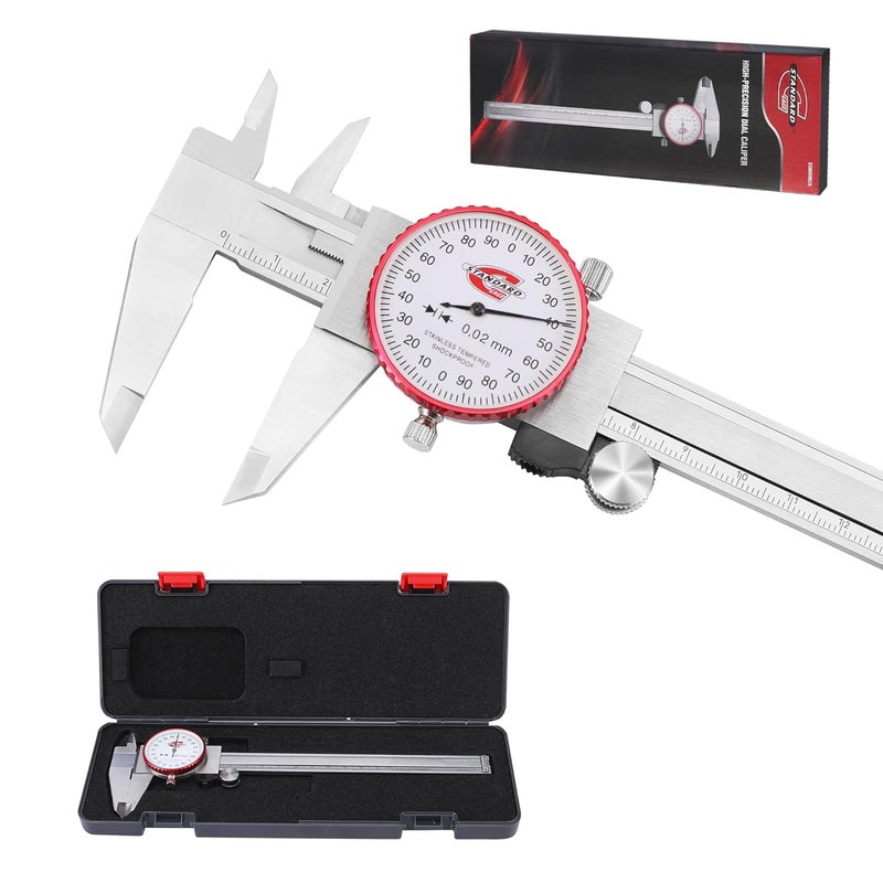 Standard Gage Metric Dial Caliper Measuring Tool 0-150mm Range, Analog Precision Caliper ±0.02mm Accuracy, Manual Mechanical Metal Stainless Steel Measuring Dial with 4-Way Measurements - Image 1